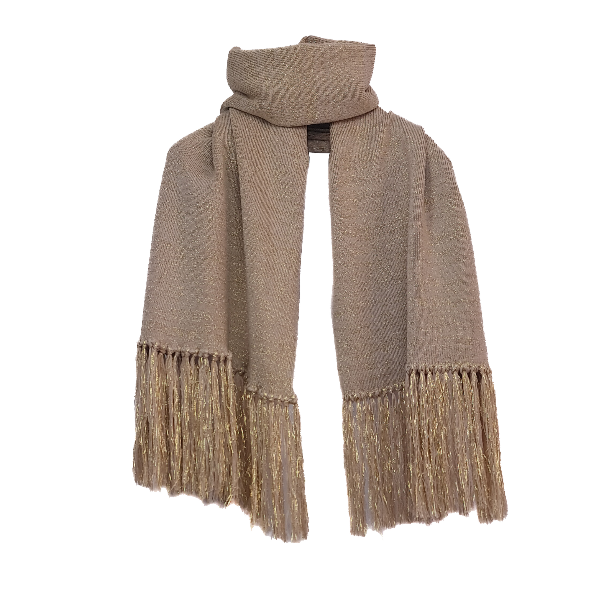 Pashmina con detalles de Lurex, mezcla de algodón y acrílico en color arena y dorado, perfecta para dar un toque elegante.