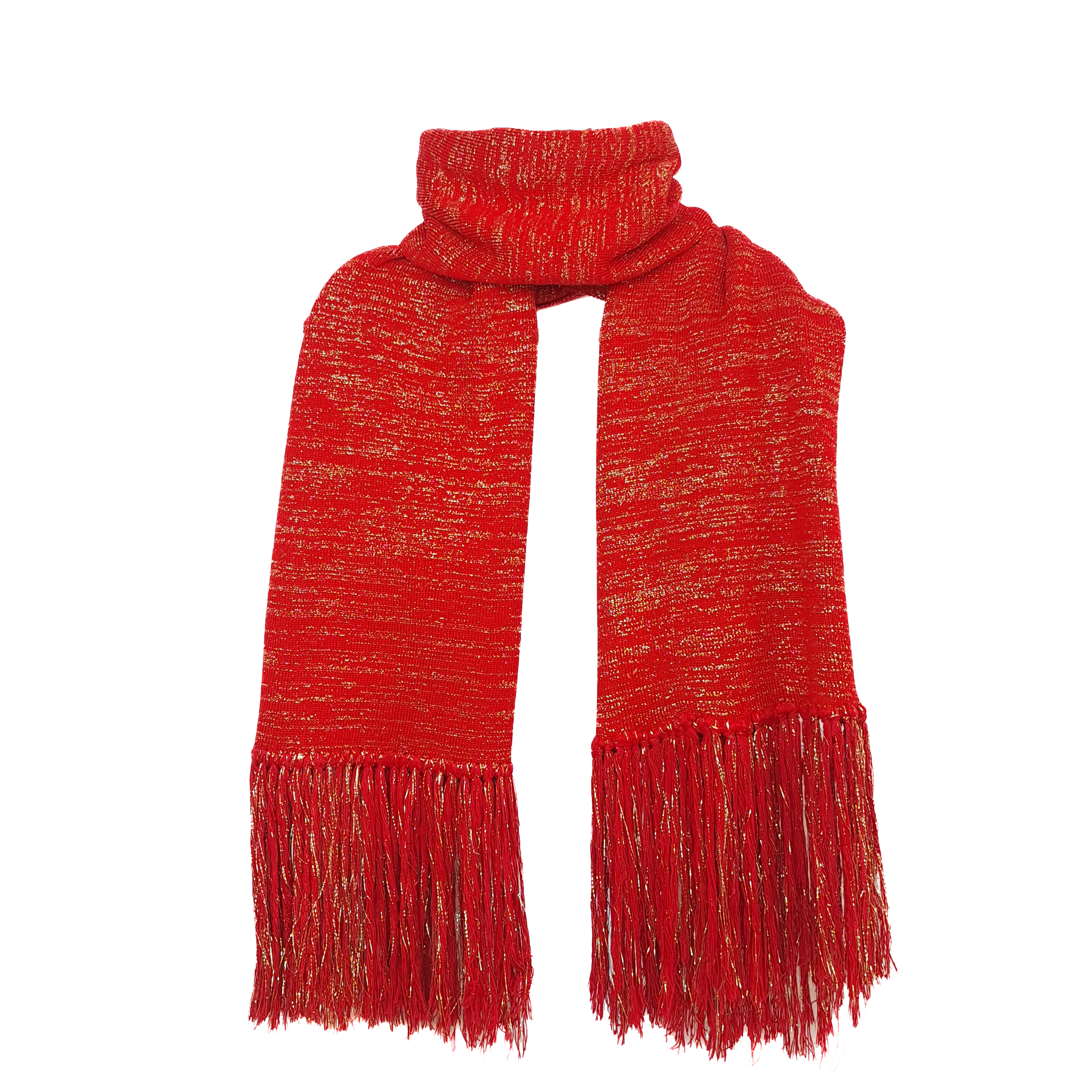 Pashmina con detalles de Lurex, mezcla de algodón y acrílico en color rojo y dorado, perfecta para dar un toque elegante.